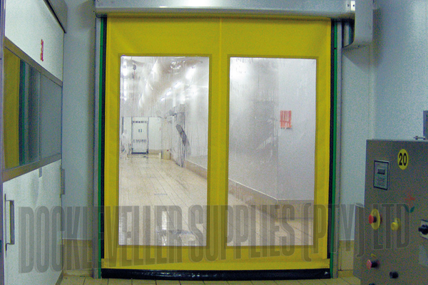 Food-safe PE high speed door with PVC curtain designed for hygiene-controlled internal environments.